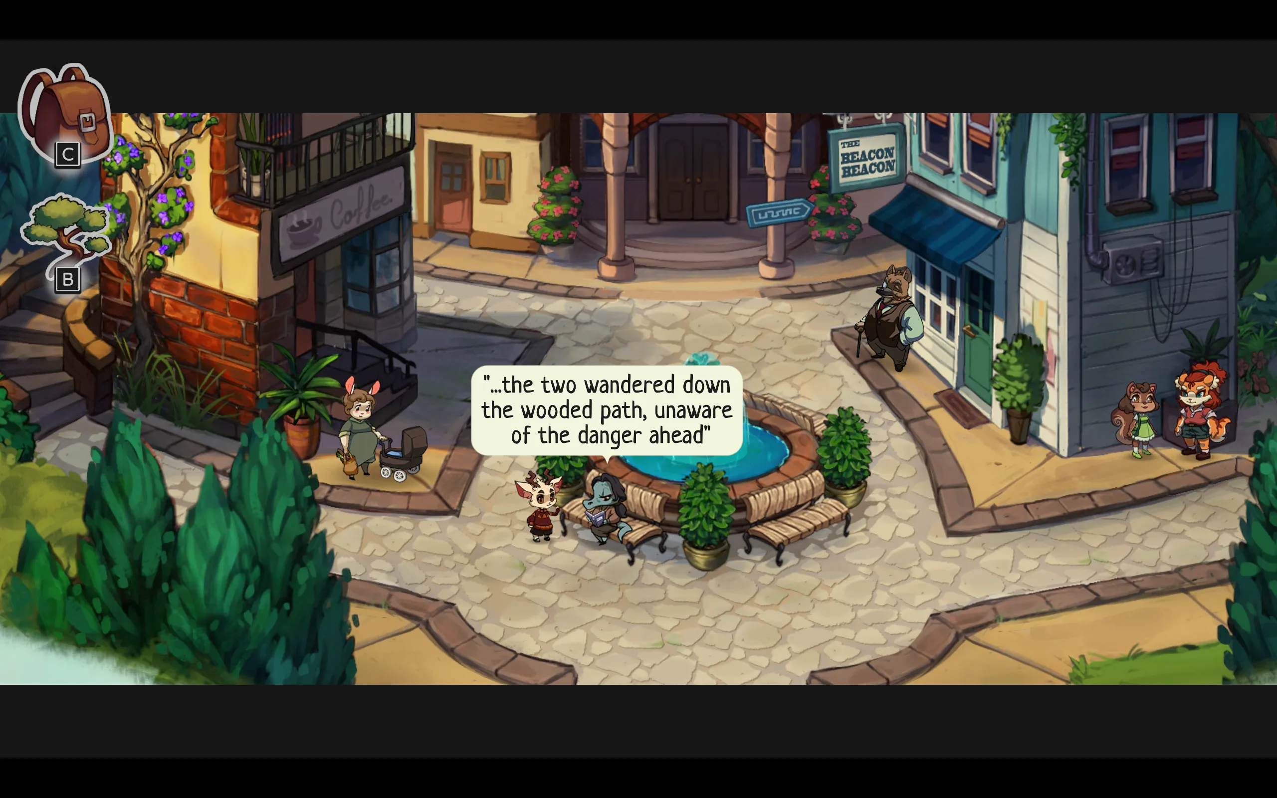 A woman sits in a town square reading a book. A text bubble says "The two wandered ahead, unaware of the danger."