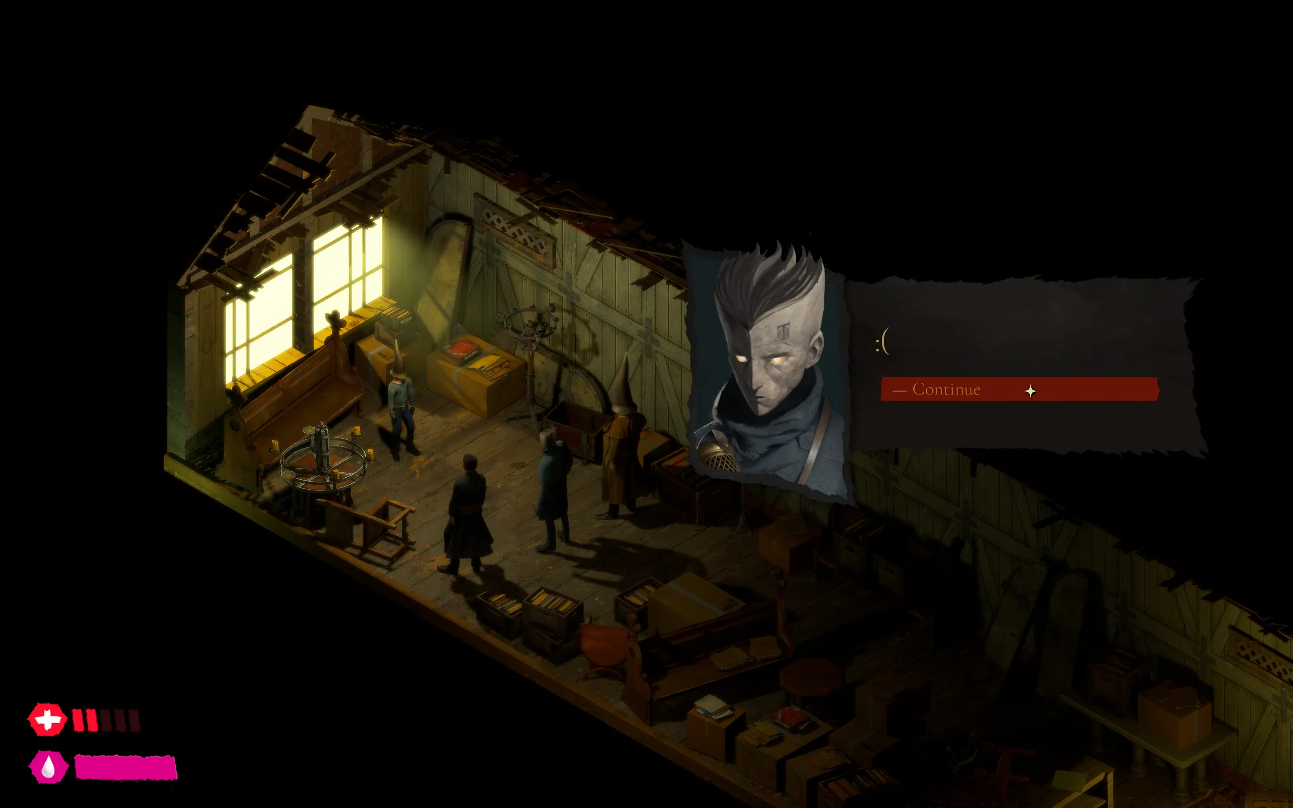 Etienne has a dialogue box displaying a sad emoticon.