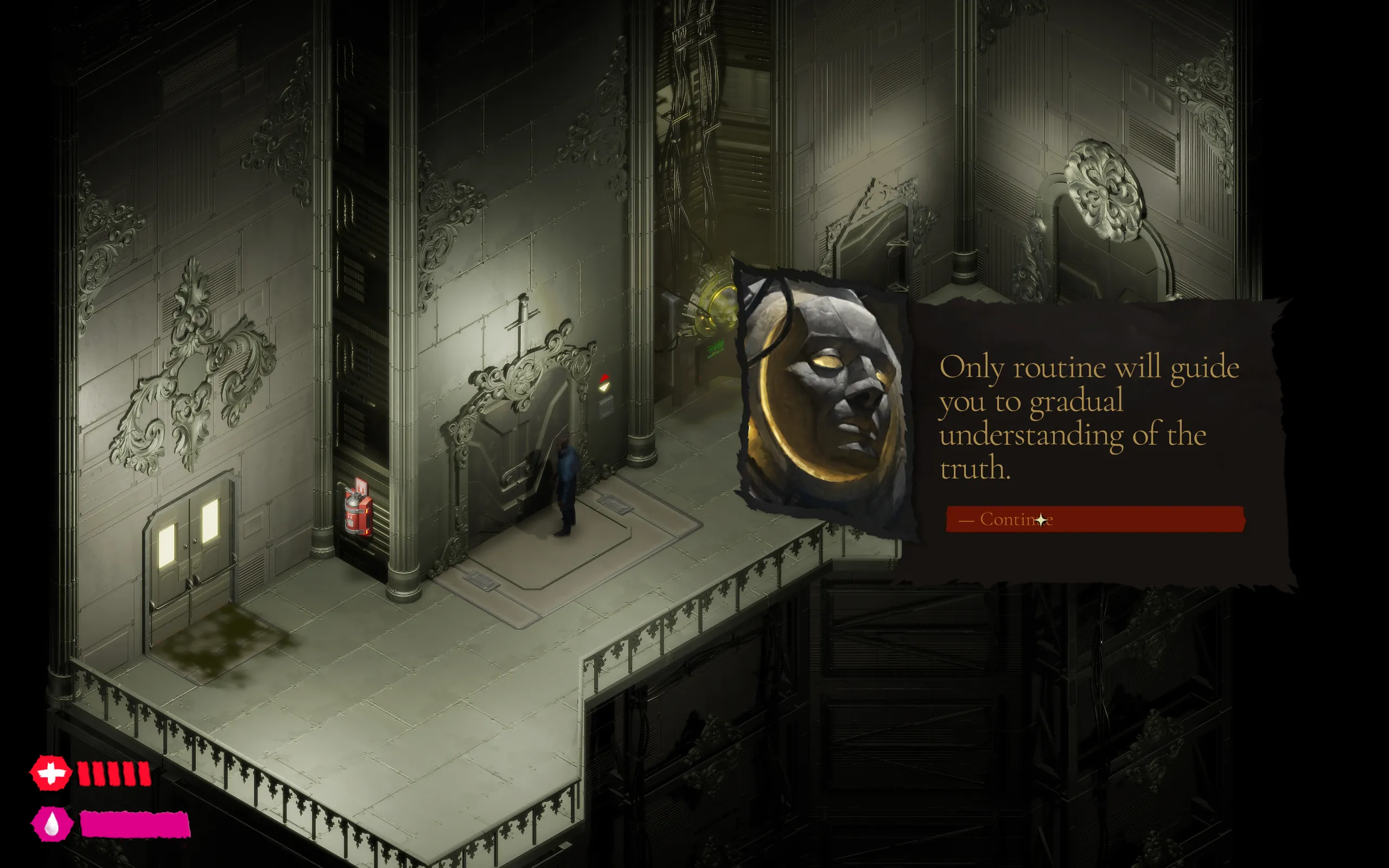 A robot says "Only routine will guide you to the truth."