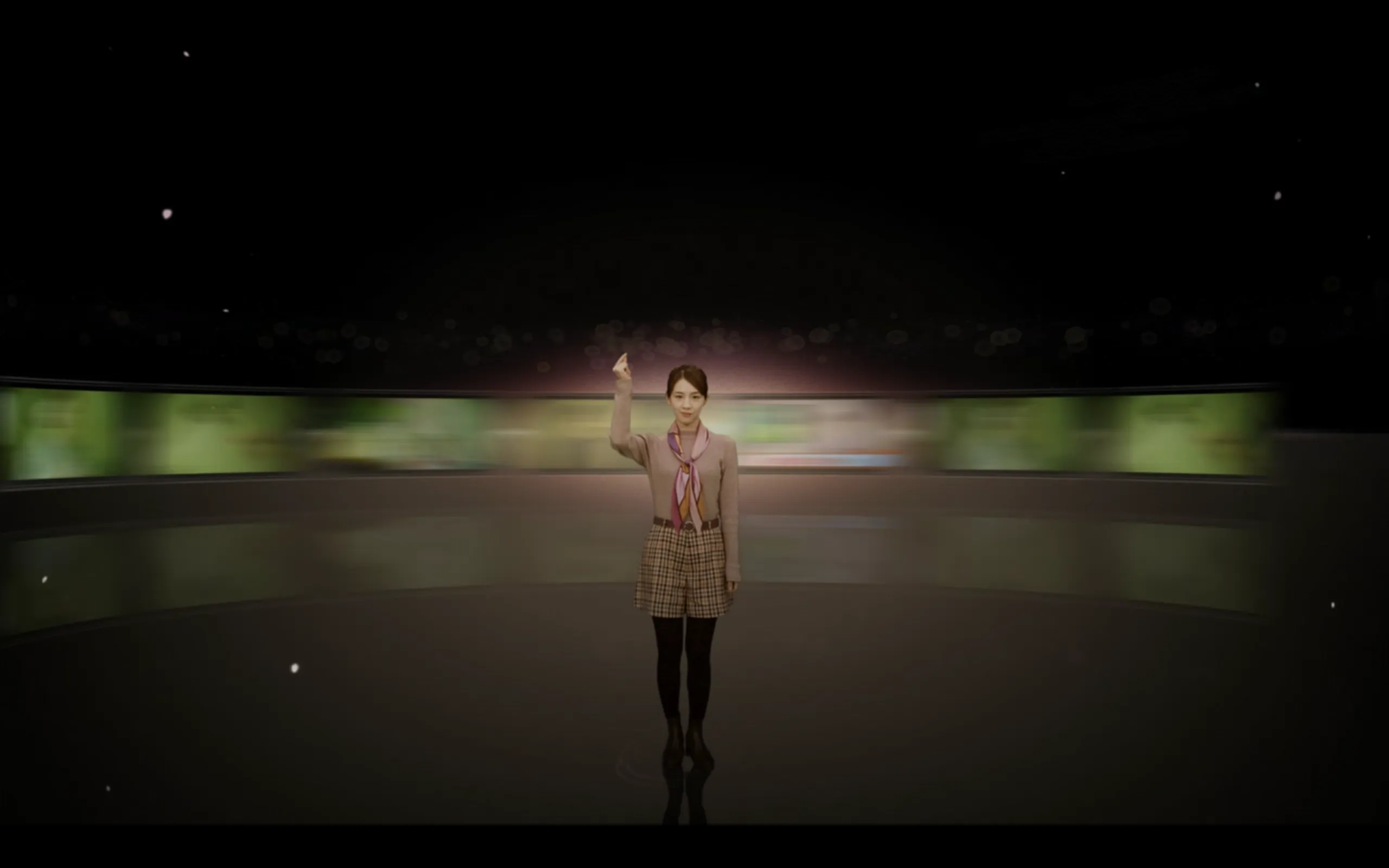 A woman snaps her fingers in a bare room