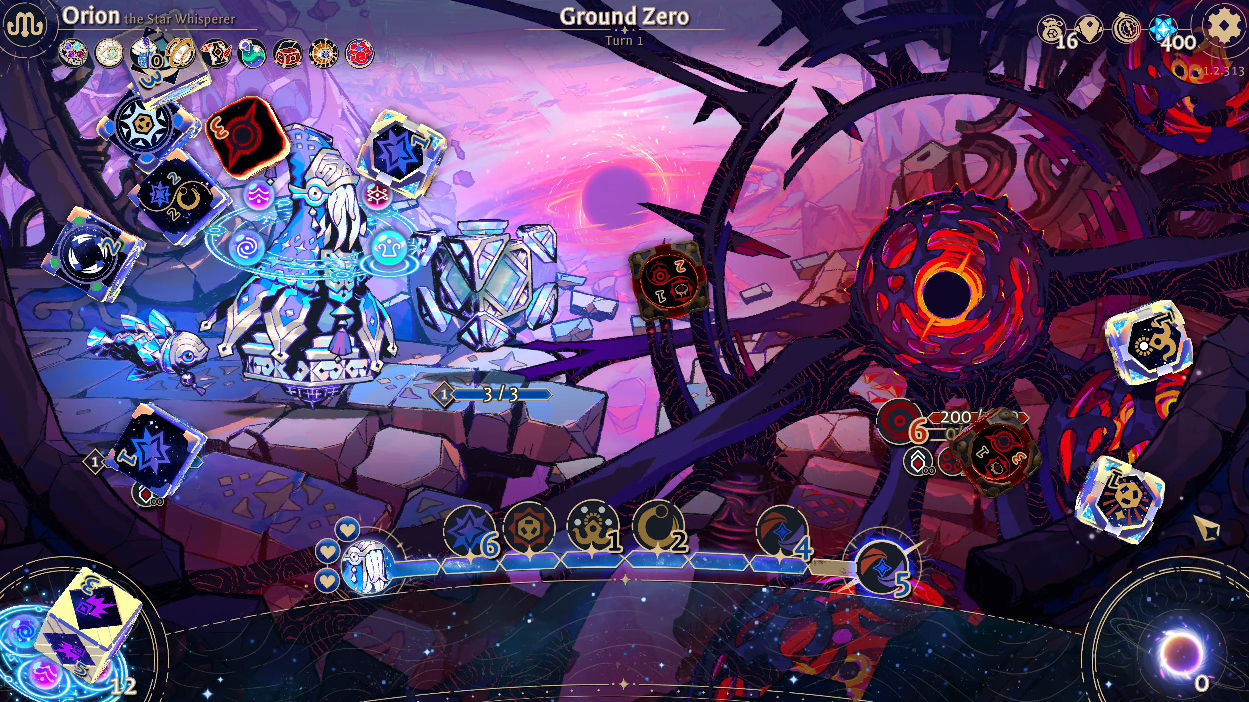 A squid-like character in a robe stares at a metal eye. Dice fill the screen.