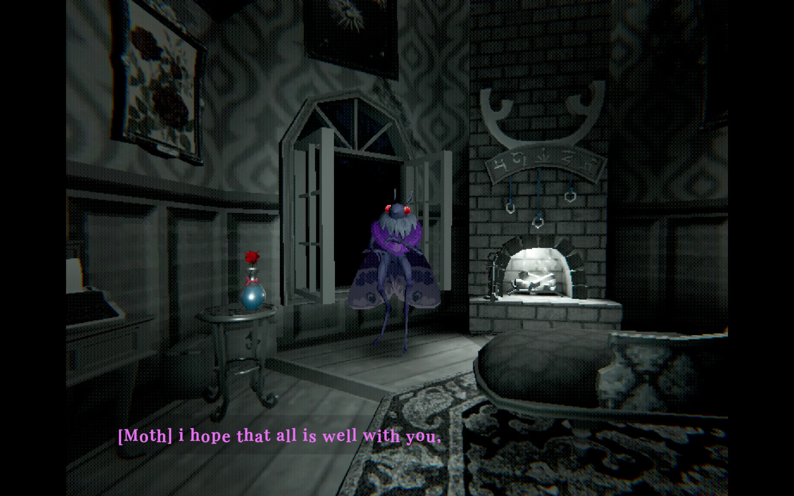 A giant purple moth says "I hope all is well with you."