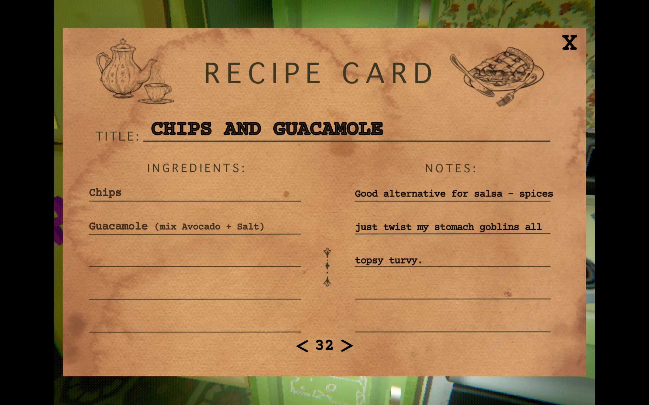A recipe card for chips and guacamole that complains that salsa is too spicy