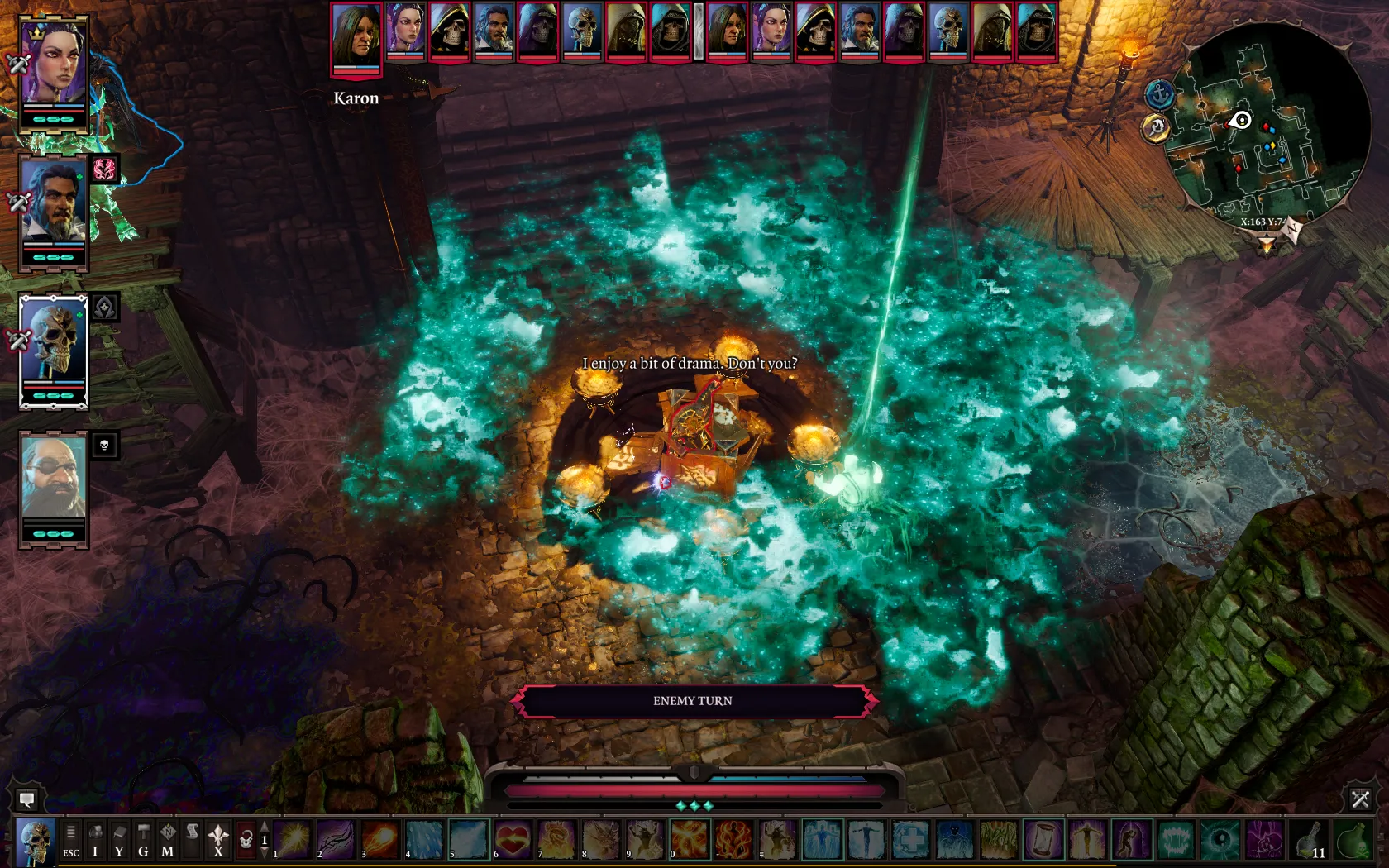 A man stands in the centre of a turquoise cloud. He says "I enjoy a bit of drama. Don't you?"