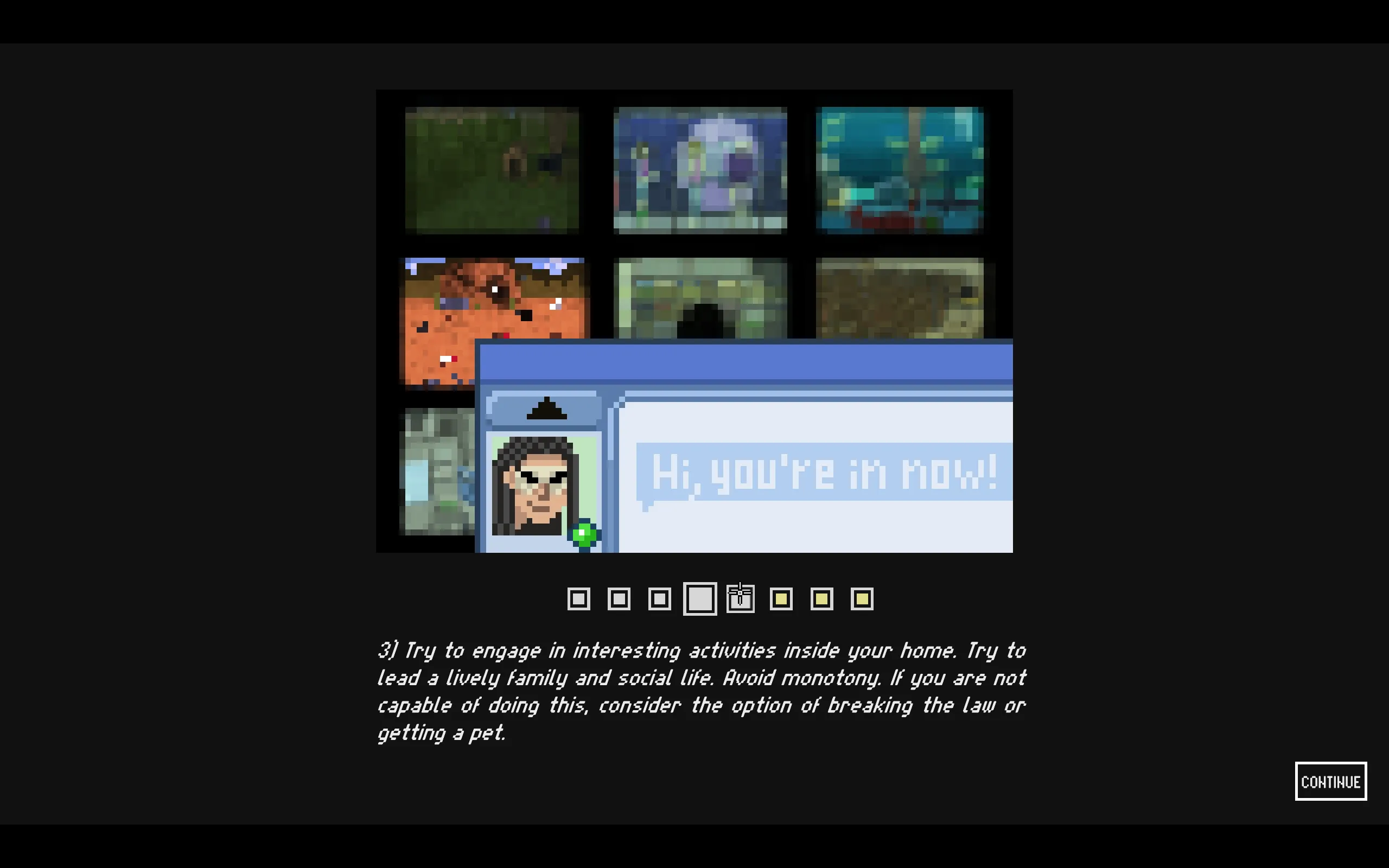 A text box says to engage in social activities, and if that isn't possible, to do crime