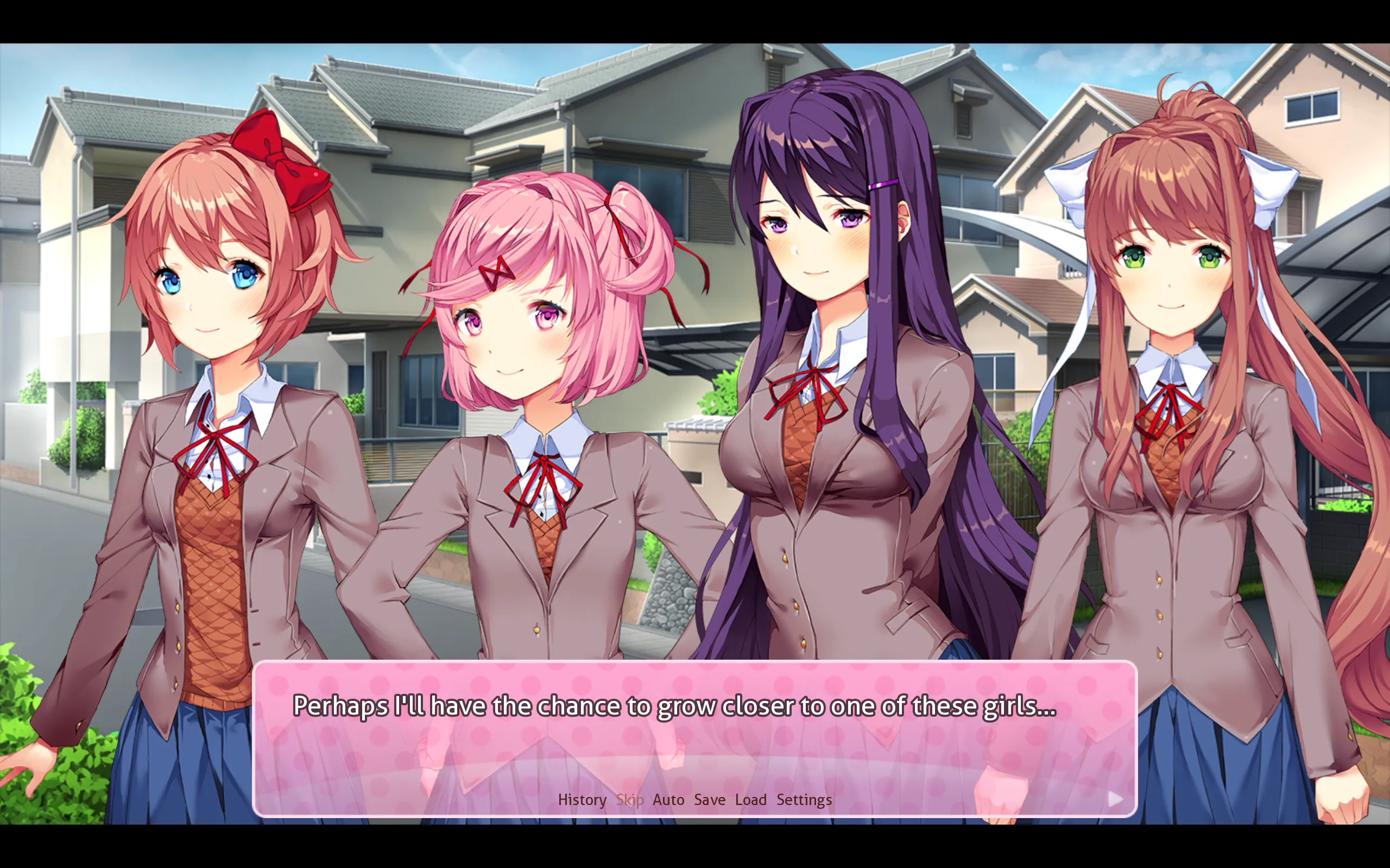 A collection of four anime girls. The text reads "Perhaps I'll have a chance to get closer to one of these girls"