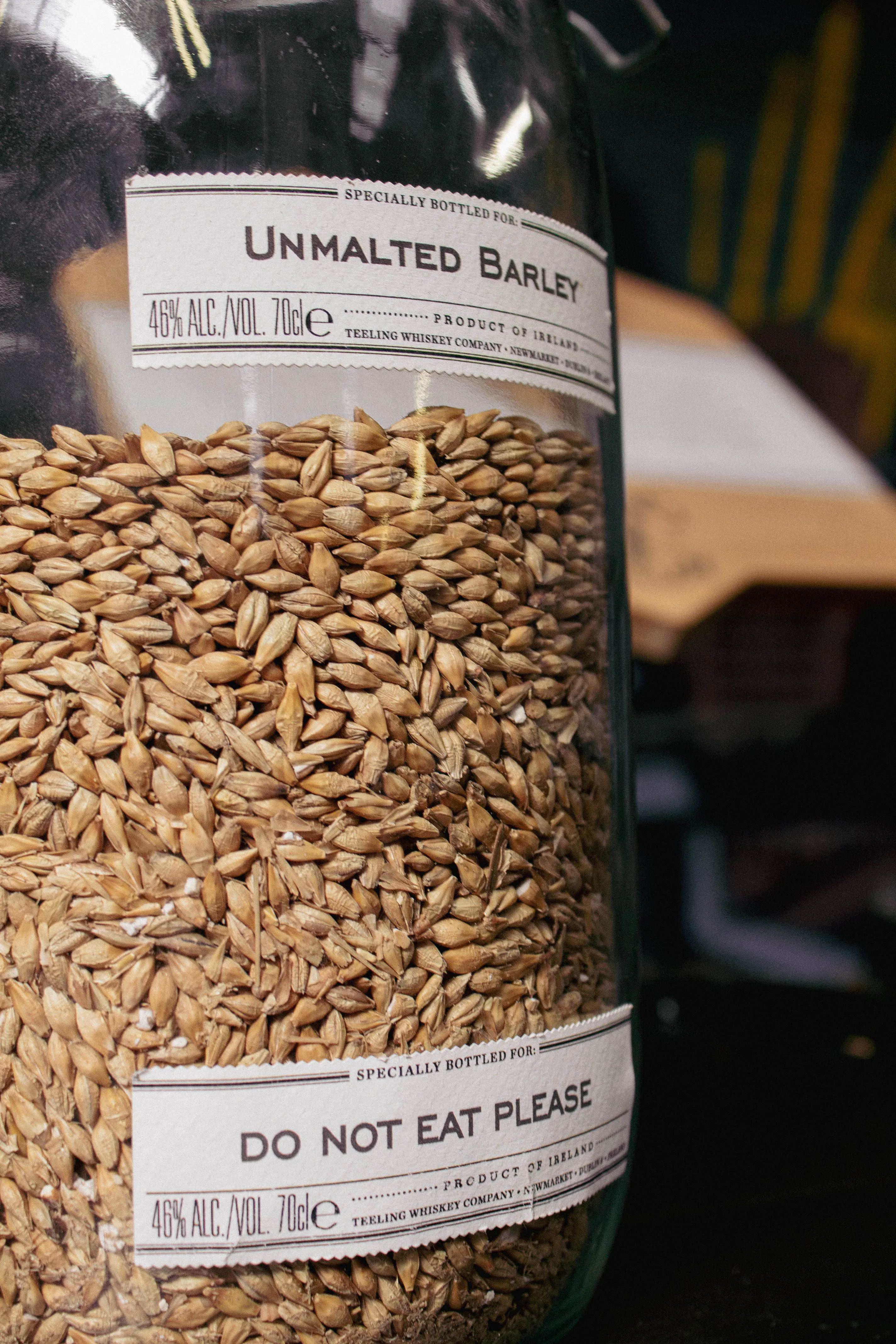 A jar of barley with a label reading "Do not eat"